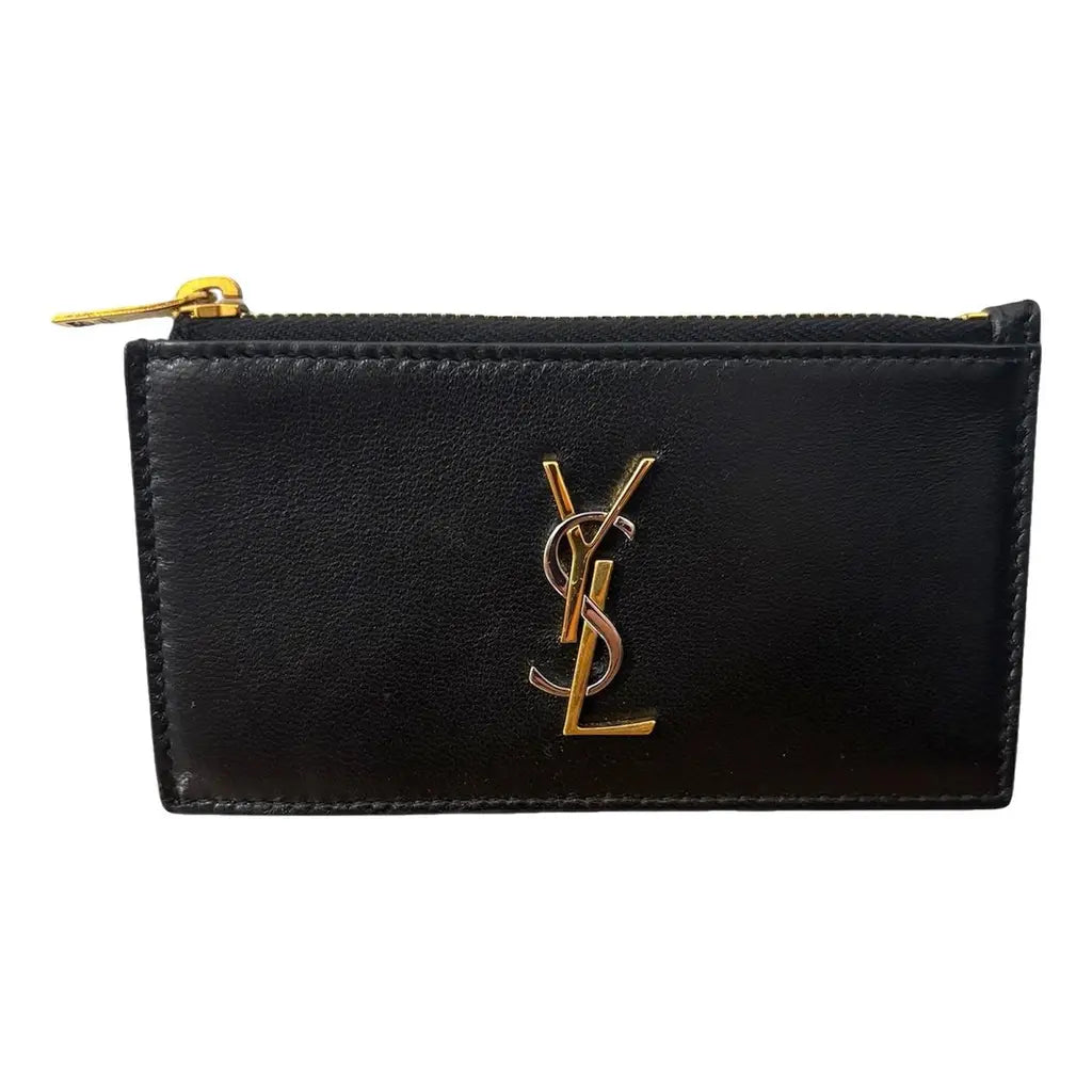 YSL-Inspired Black Zip Cardholder – Faux Leather with Gold-Tone Logo, 13x8 cm – Excellent Condition