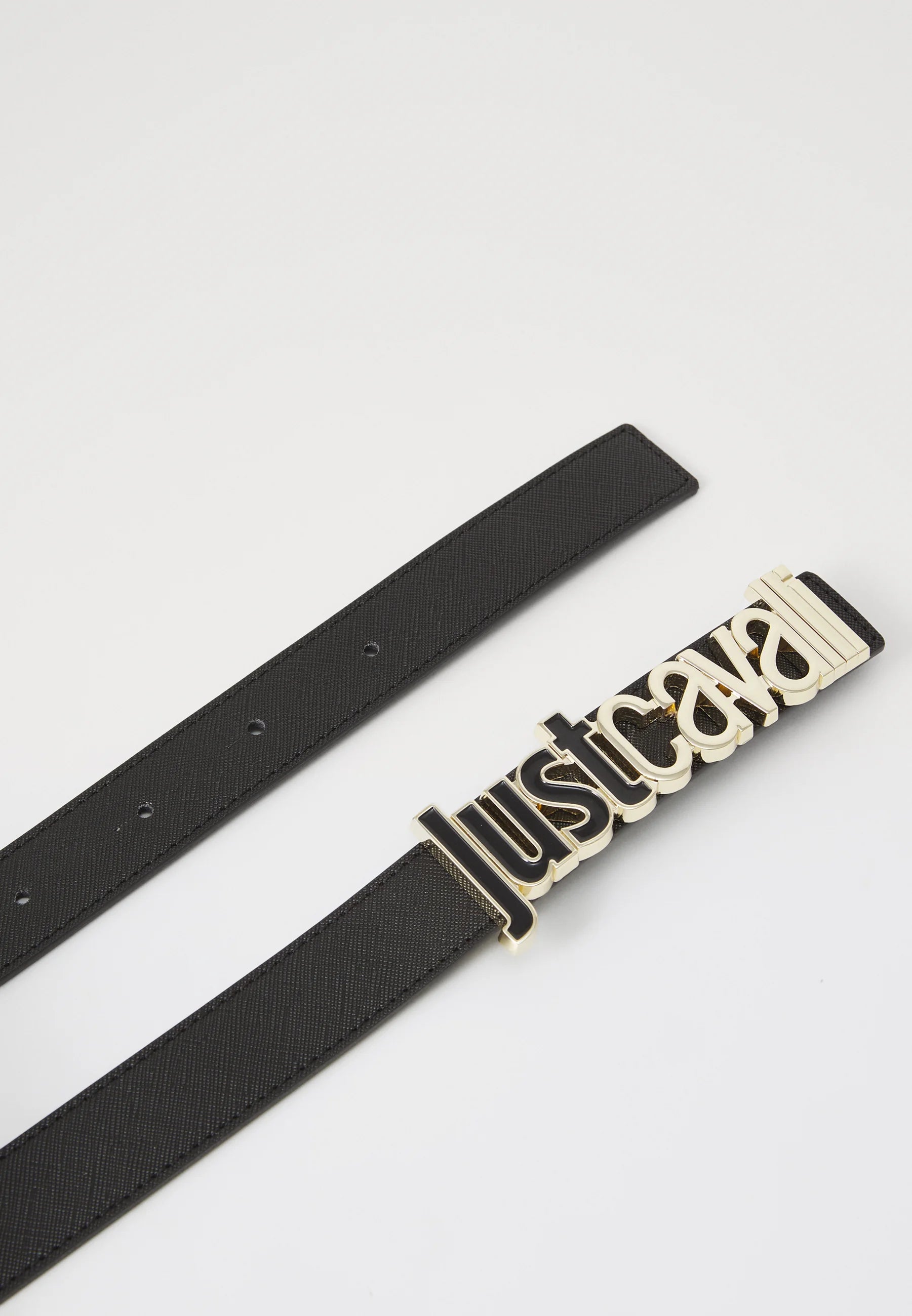 ベルト JUST CAVALLI Woman Belt Black 78RA6F3AZS766 899 Just Cavalli Black Faux Leather Belt – Gold-Tone Logo Buckle