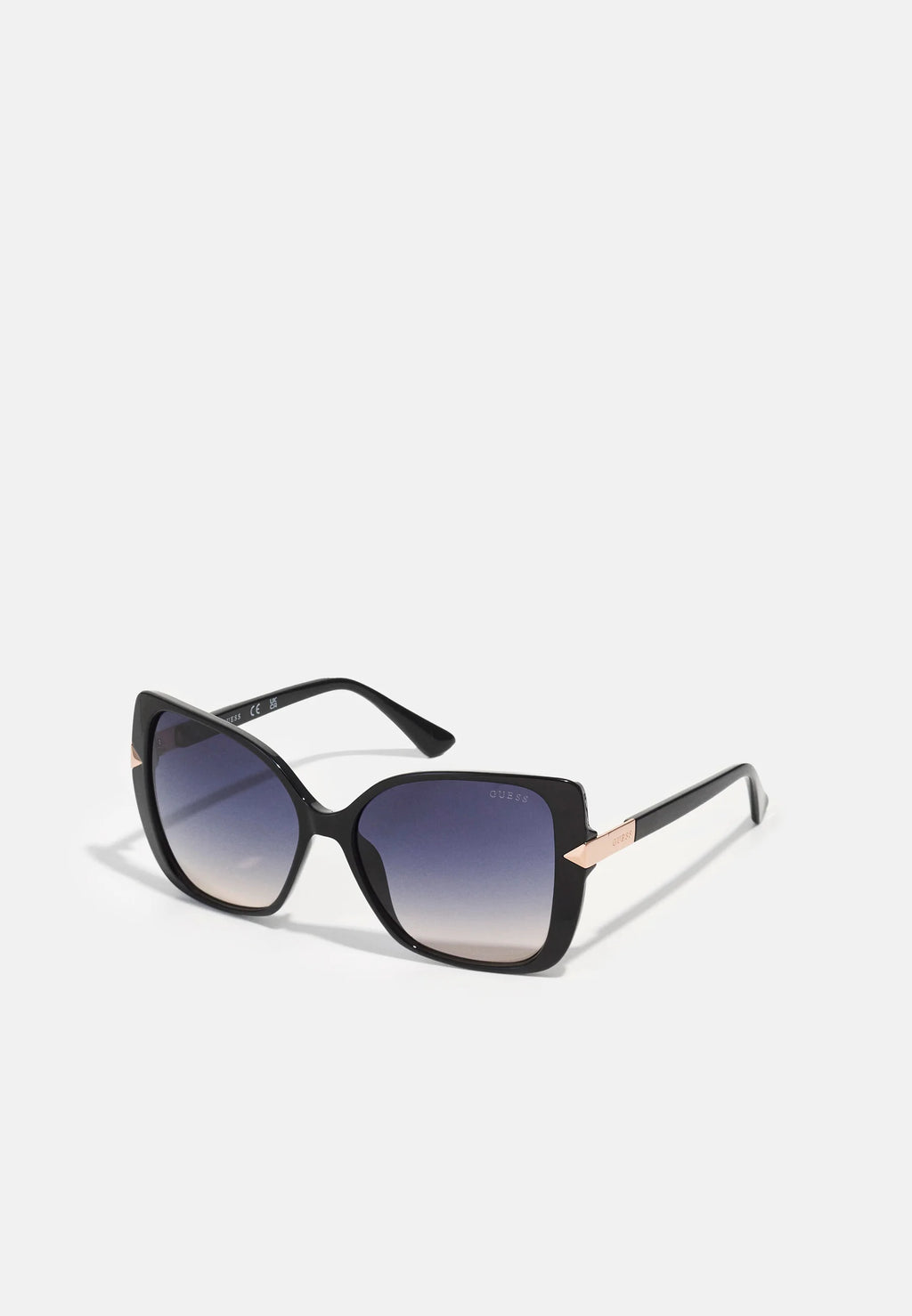 GUESS Cat-Eye Sunglasses – Black Frame with Rose Gold Detail + Red Case
