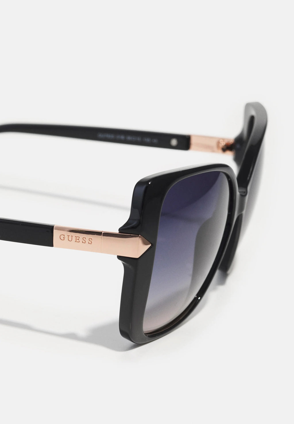 GUESS Cat-Eye Sunglasses – Black Frame with Rose Gold Detail + Red Case