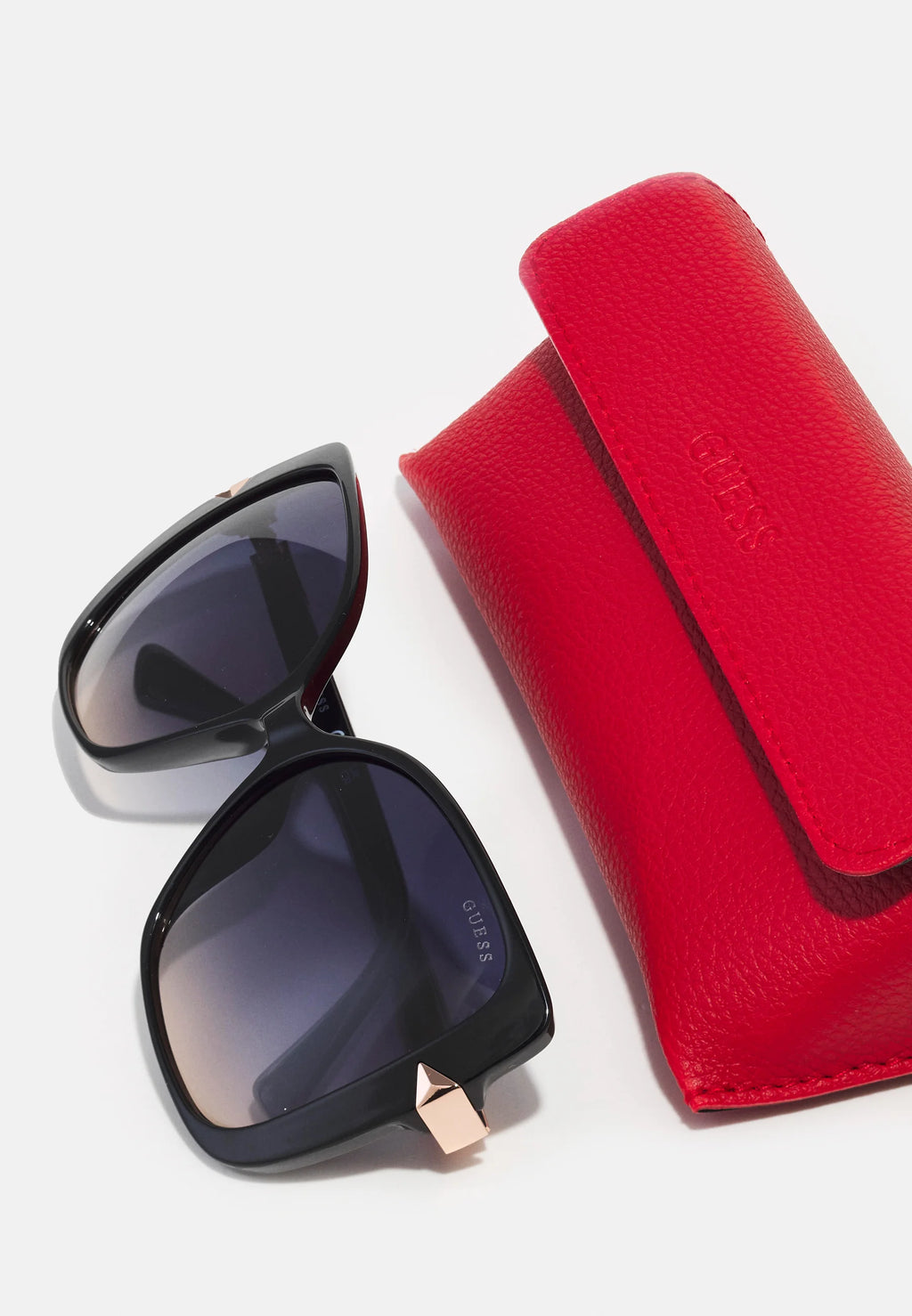 GUESS Cat-Eye Sunglasses – Black Frame with Rose Gold Detail + Red Case