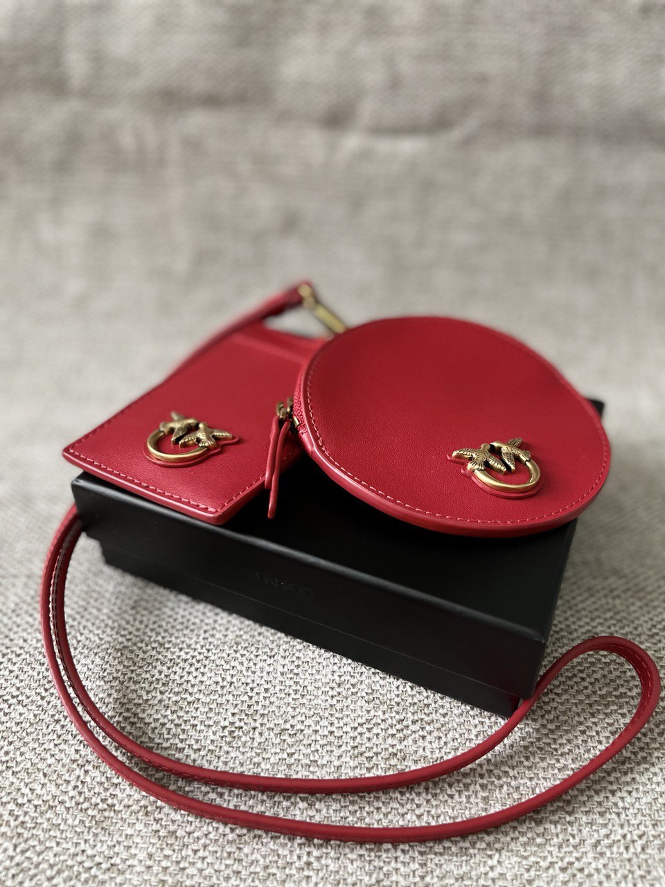 Pinko Mini Round Belt Bag with Matching Card Holder – Red & Gold