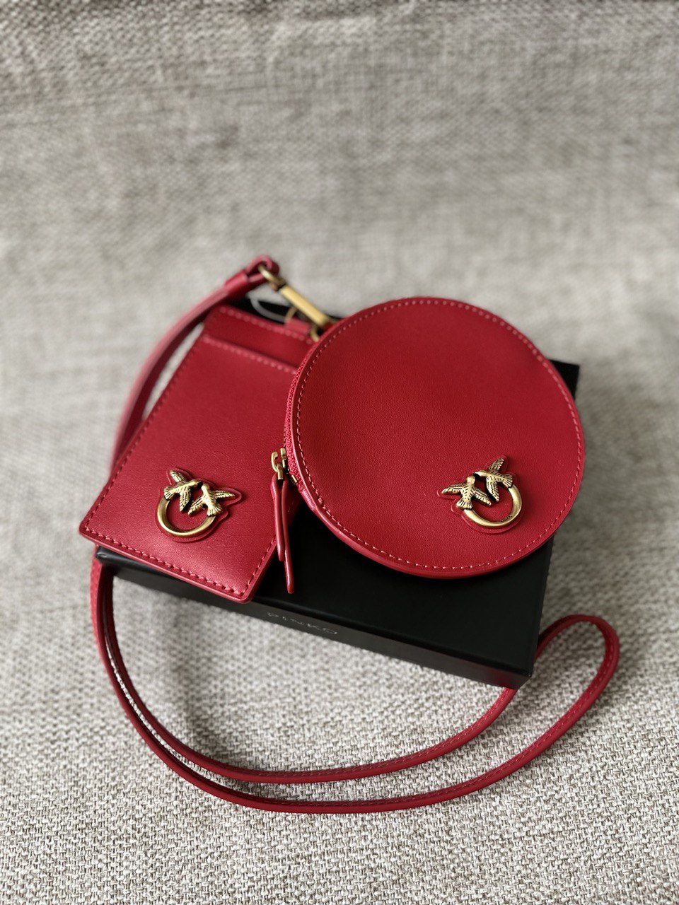 Pinko Mini Round Belt Bag with Matching Card Holder – Red & Gold