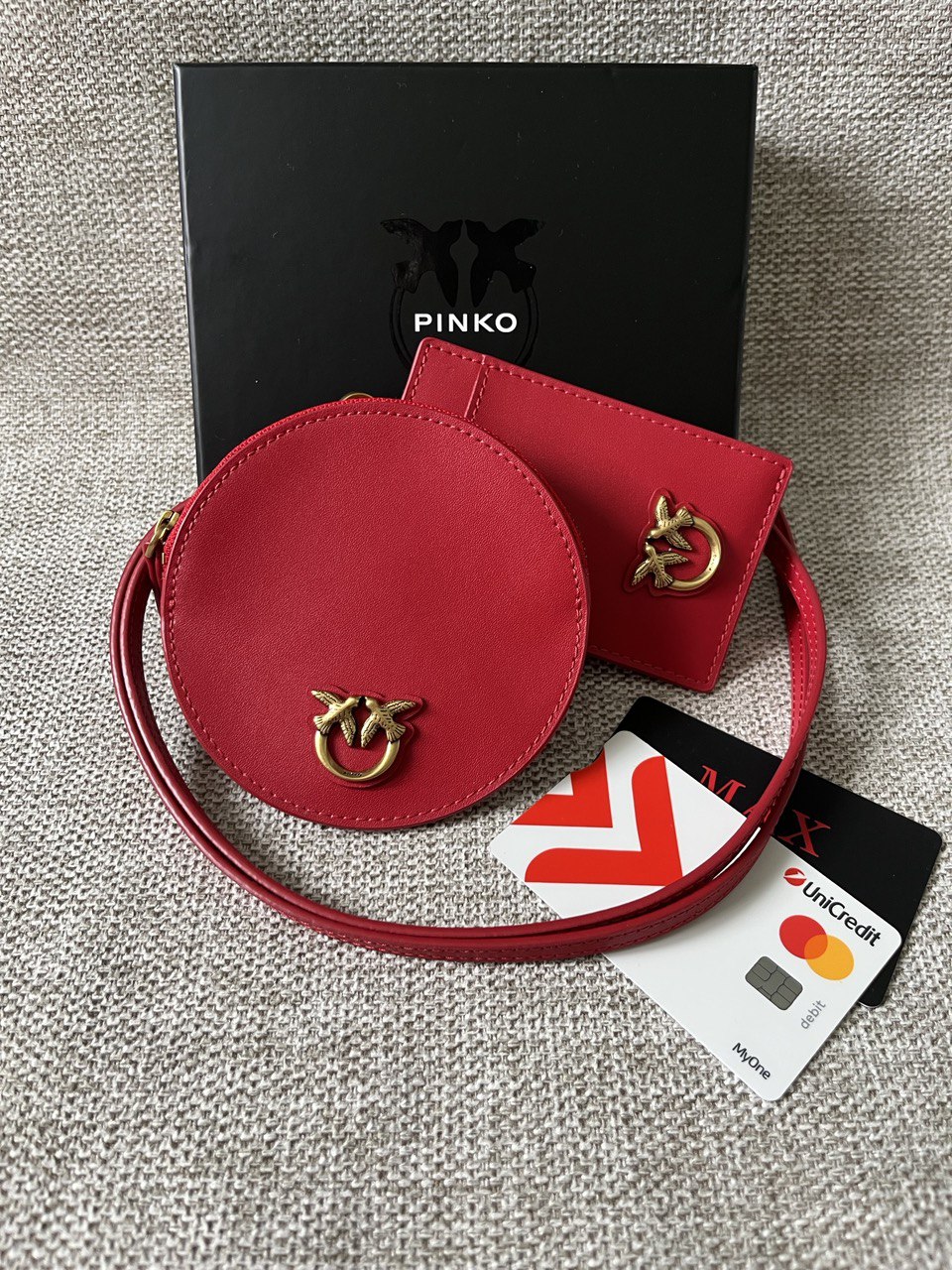 Pinko Mini Round Belt Bag with Matching Card Holder – Red & Gold