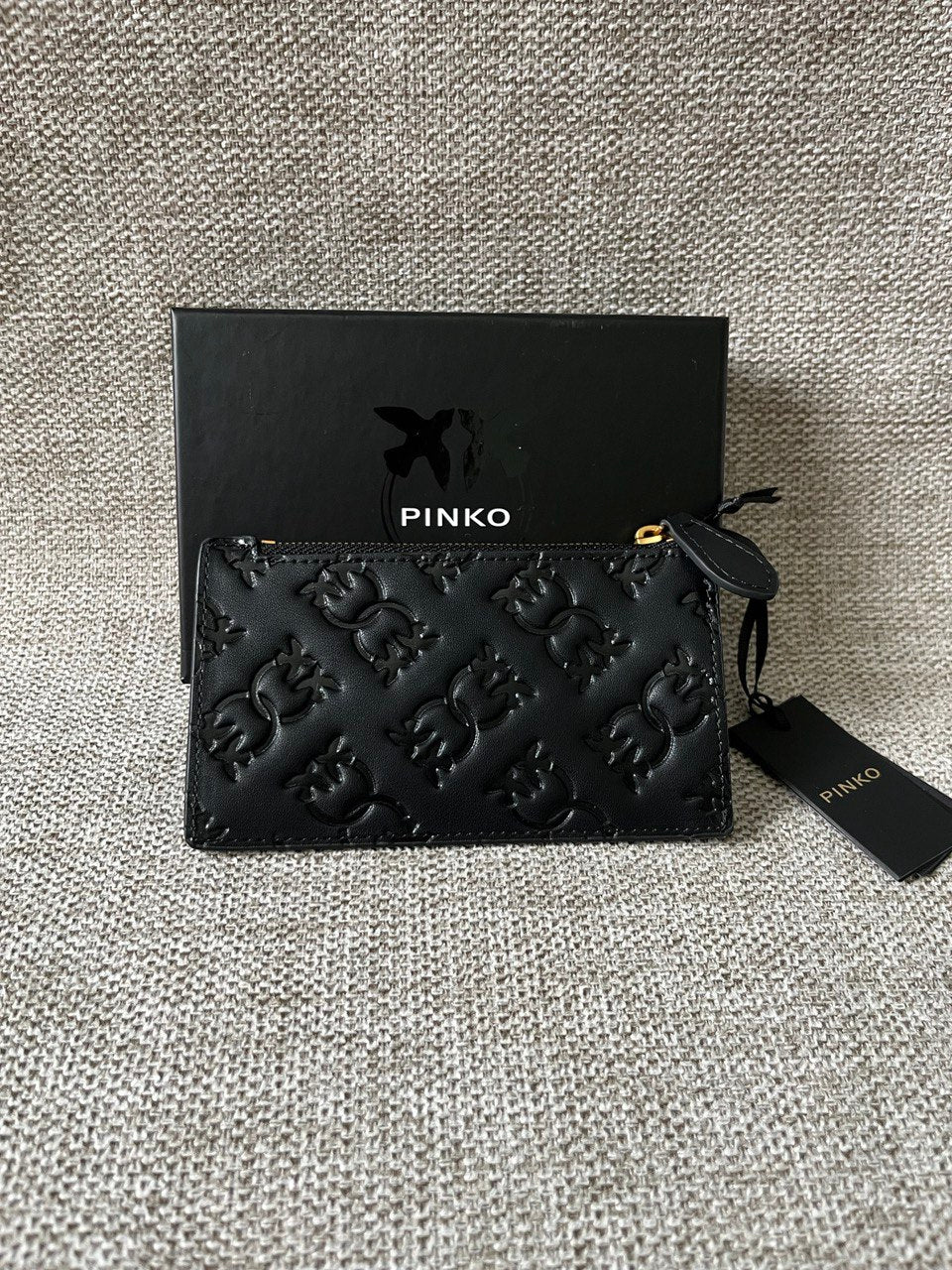 Pinko Black Zip Card Holder – Gold Love Birds Logo