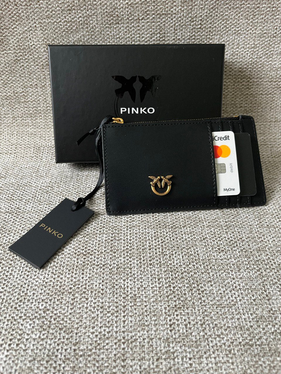 Pinko Black Zip Card Holder – Gold Love Birds Logo