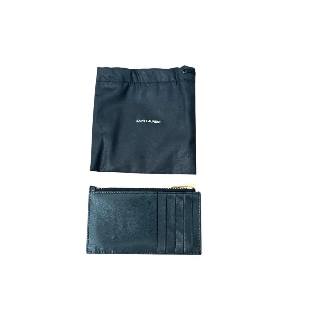 YSL-Inspired Black Zip Cardholder – Faux Leather with Gold-Tone Logo, 13x8 cm – Excellent Condition