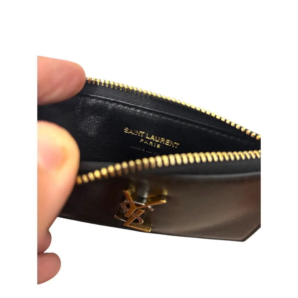 YSL-Inspired Black Zip Cardholder – Faux Leather with Gold-Tone Logo, 13x8 cm – Excellent Condition