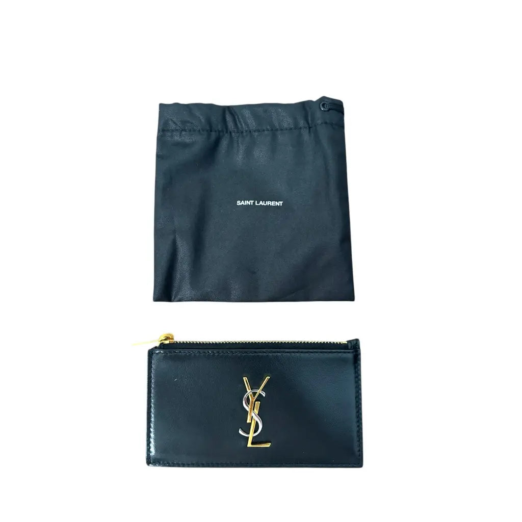 YSL-Inspired Black Zip Cardholder – Faux Leather with Gold-Tone Logo, 13x8 cm – Excellent Condition