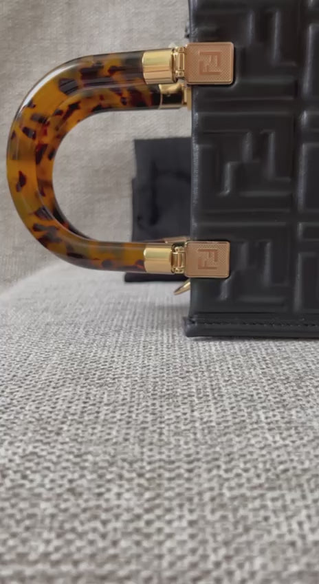 Fendi-Inspired Black Mini Handbag – Embossed Faux Leather, Tortoiseshell Handle, Crossbody Strap (18x13x7 cm)